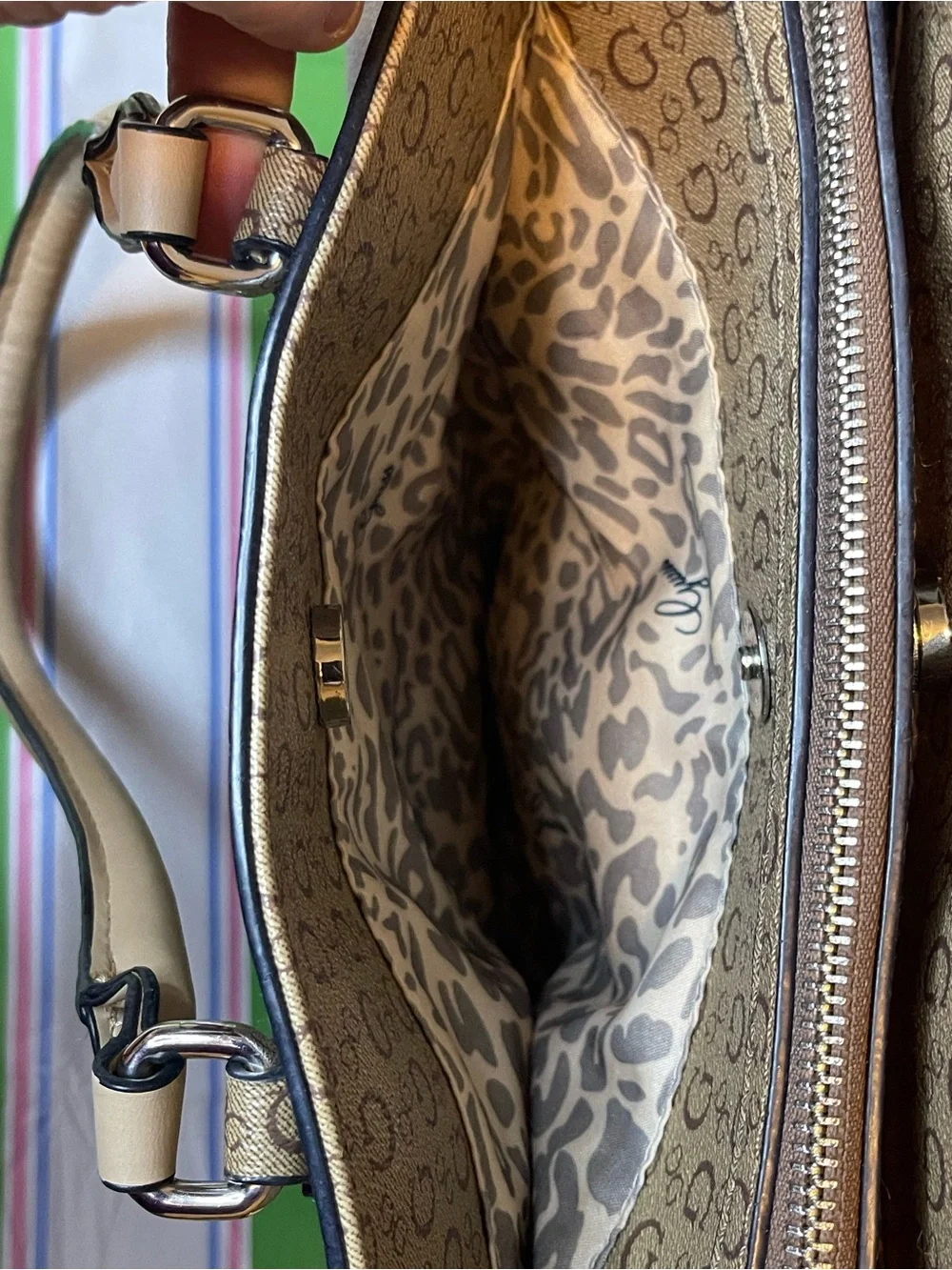 GUESS Tan Floral Applique Logo Satchel